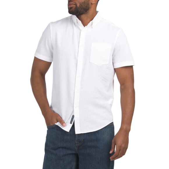 PERRY ELLIS Bright White Short Sleeve Seersucker Shirt - Picture 1 of 2
